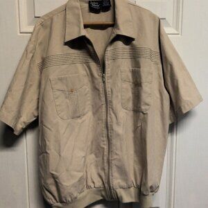 John Blair Shirt Jacket Mens L Short Sleeve Full Zip 70s Vintage Ribbed Hem Tan
